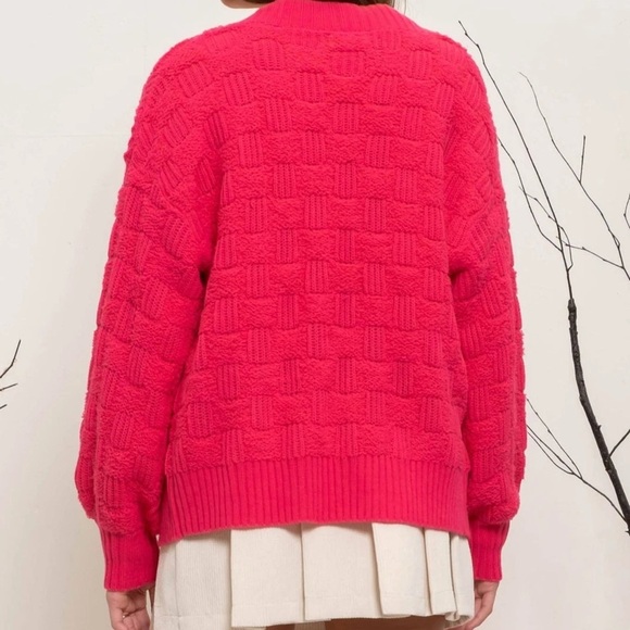 Blu Pepper Checkered Textured Knit Bright Pink Cardigan size S - Picture 4 of 8